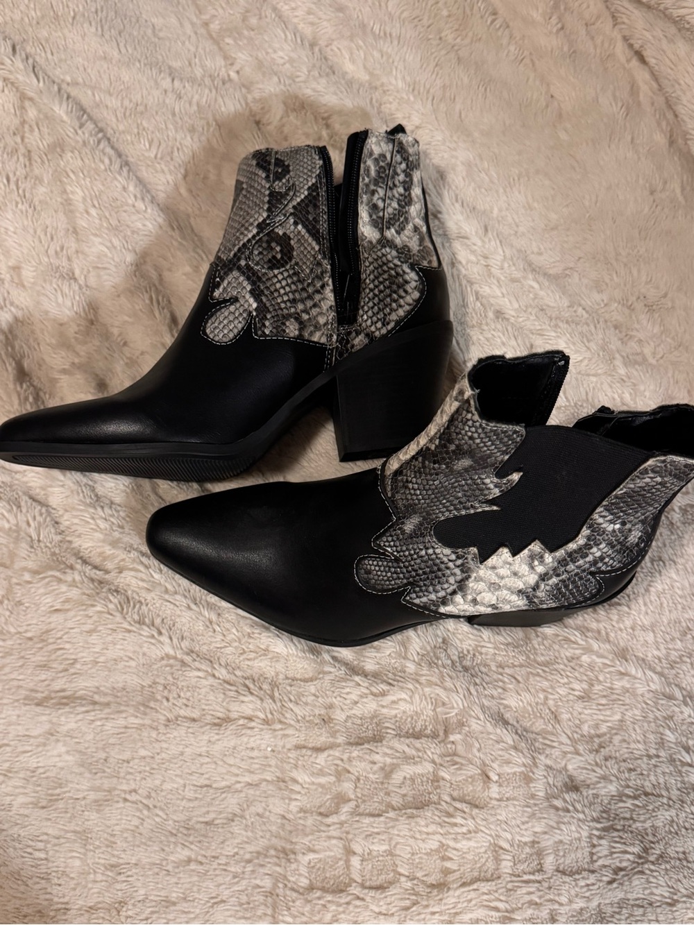 Women’s Black Ankle Boots with Snake Print Accent